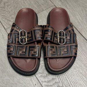 Men's Brown and Black Slide Sandals